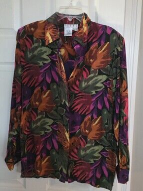 Vintage Piano Silk Multicolor Leaf Motif Button Long Sleeve Blouse S